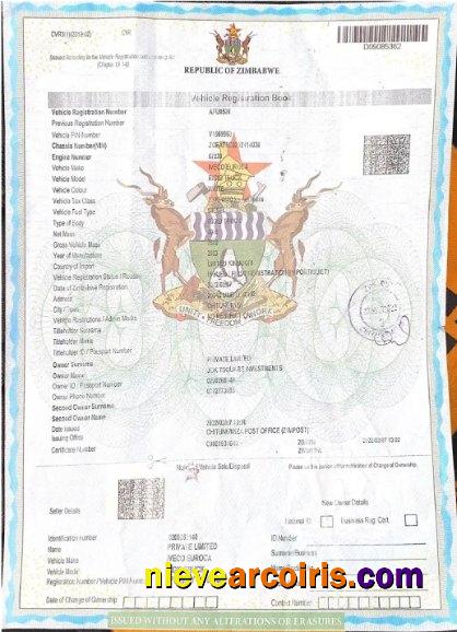 Zimbabwe vehicle registration certificate